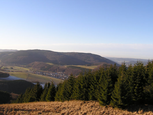 Ein Blick hinab nach Elleringhausen. Gegenüber liegt der Heidkopf und der Gipfel vom Olsberg.